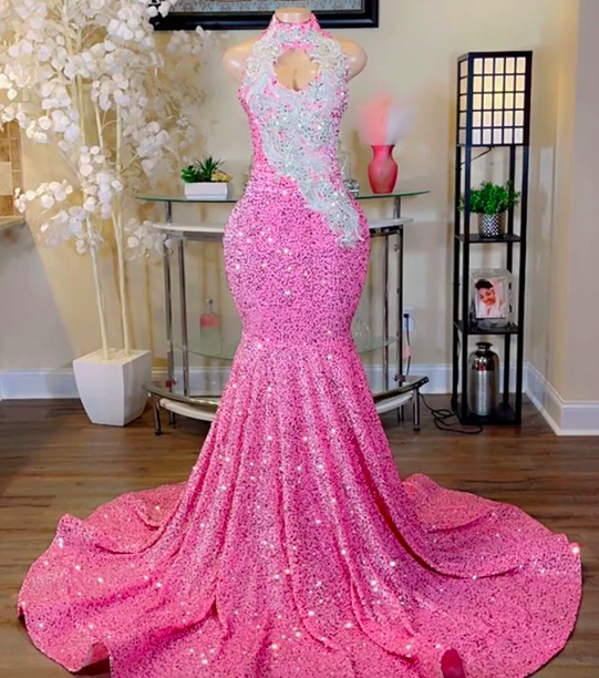 Pink Sequin Prom Dresses 2024 For Black Girl Silver Crystal Beaded Long Evening Dress Wedding Occasion Gowns