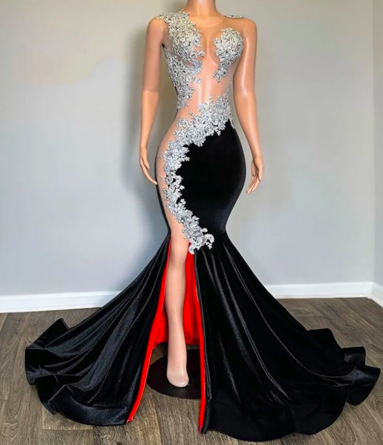 Red Linning Sliver Beaded Lace Appliques Black Velvet Slit Prom Dress Mermaid Ladies Dresses For Special Occasions Sexy Party