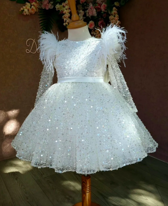 White Flower Girl Dress Glitter Beads Feather Bow Evening Party Fluffy Skirt Ball Gown Communion Kid Toddler Tutu