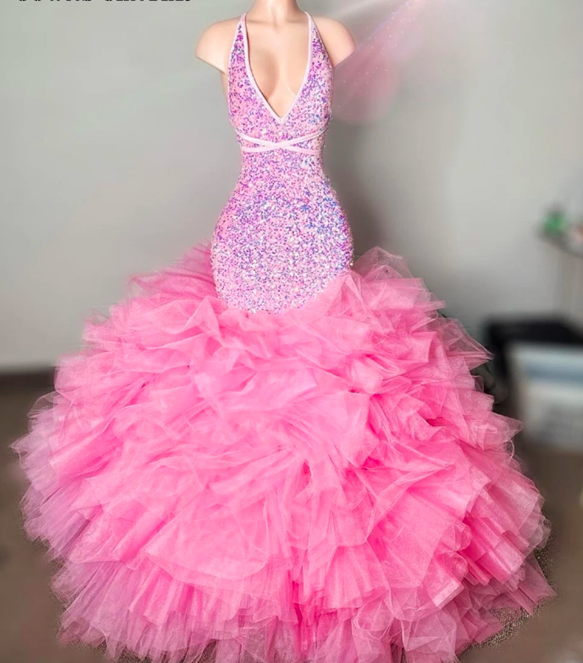 Pink Tulle Ruched Train Halter Mermaid Long Prom Dress Christmas Elegant Dress For Wedding Party Black Girls Evening Gowns Robe