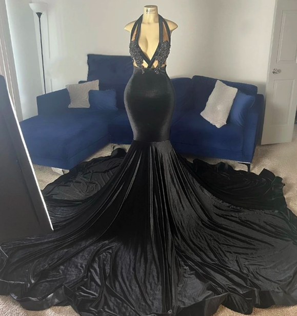 Black Velvet Halter See Thru Mermaid Long Prom Dresses Christmas Elegant Dress For Wedding Party Black Girls Evening Gowns Robe