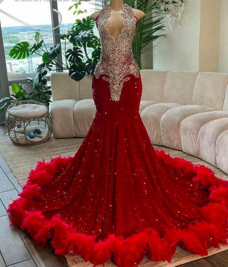 Red Feathers Train Rainstones Mermaid Long Prom Dresses Christmas Elegant Dress For Wedding Party Black Girls Evening Gowns Robe