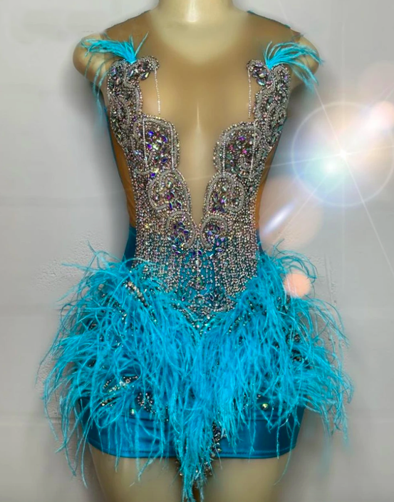 Shinny Blue Feathers Prom Dresses Black Girl Tassel Birthday Gowns Crystal Beaded Formal Party Dress Movie Outfit Robe De Soiree