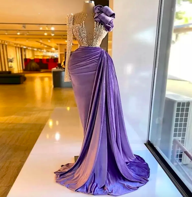 Purple Velour Evening Dresses Beaded Illusion Flowers Long Sleeve Arabic Dress For Women Elegant Mermaid Pleats Robe De Fiesta