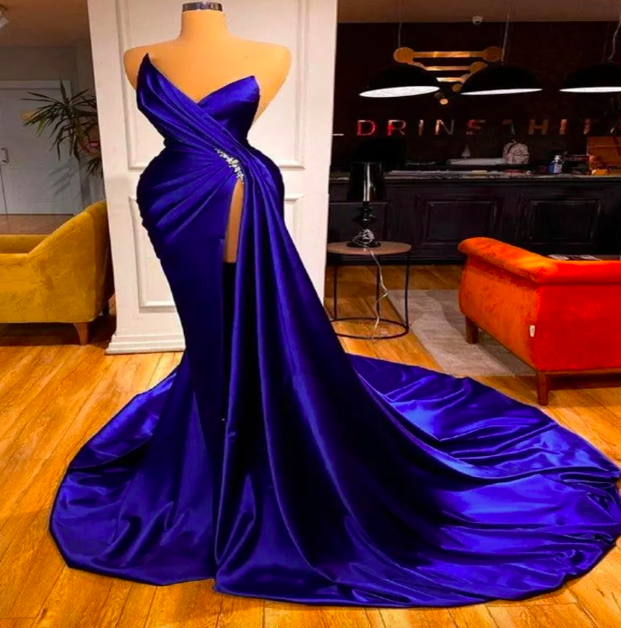 Charming Royal Blue Prom Dresses Mermaid Ruched V Neck Long Formal Party Hocoming Gowns Robes De Soirée