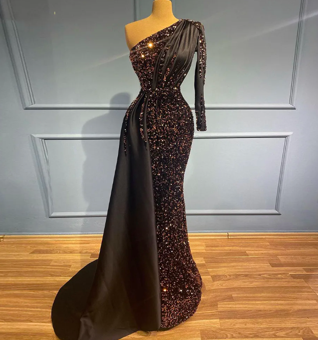 Classic Black Evening Dress Sequin One Shoulder Long Sleeve Elegant Wedding Party Gowns Mermaid 2023 Vestidos De Ocasión Formale