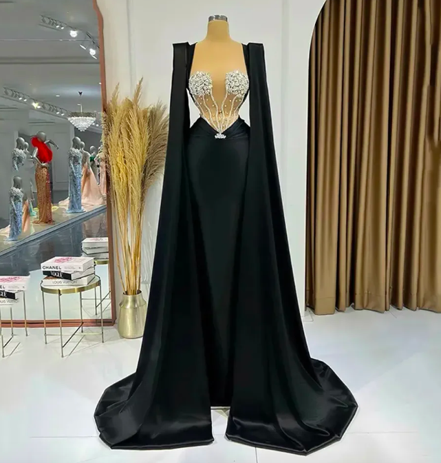 Sexy Black Satin Mermaid Prom Dresses With Wrap Sleeves Beaded Sweetheart Evening Formal Party Gowns 2024 فساتين الحفلات Custom