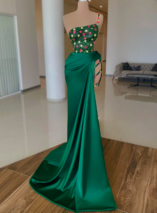 Green Beadings Evening Dresses Coloful Flowers Mermaid Side Slit Bride Prom Dress  Dubai Arabia Shiny on Luulla