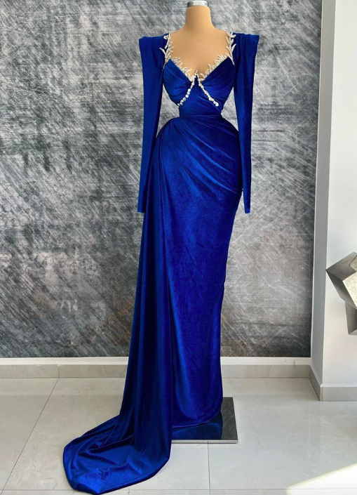 Ocean Blue Formal Evening Dresses Cap Sleeves Beaded V-neck Pleated Prom Dress Africa Arabia Bride Celebrity Party Gowns