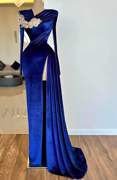 Royal Blue Mermaid Evening Dresses Cap Sleeves Pleated Beadings High Side Slit Prom Dress Saudi Arabia Dubai Party Gowns