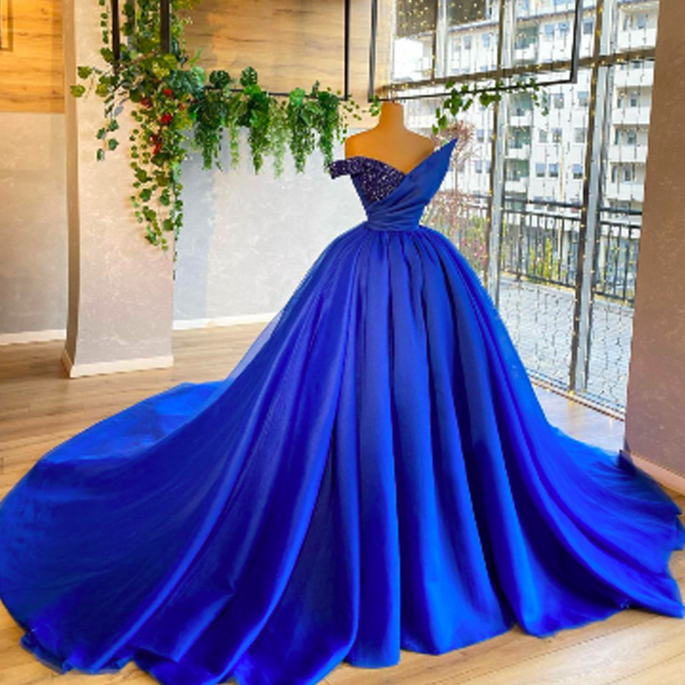 Ball Gown Prom Dresses Off The Shoulder Puffy Pleats Beading Evening Dresses For Women