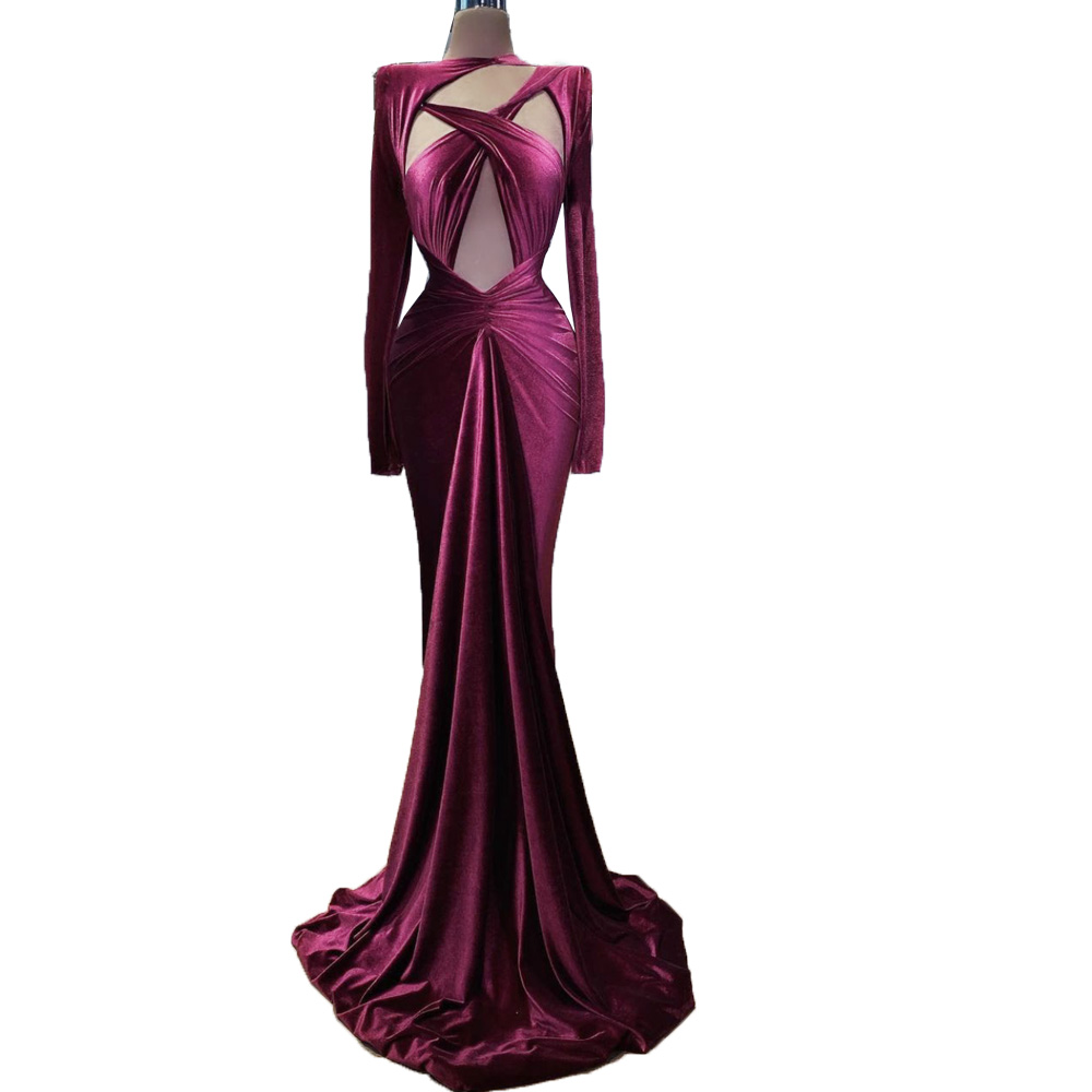 Velvet Prom Dresses Mermaid Long Sleeve Burgundy Evening Dresses 2024