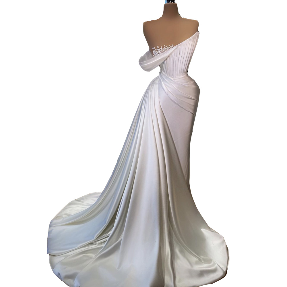 White Prom Dresses 2024 Pearls Pleats Mermaid A Line Evening Dresses Satin Evening Gowns