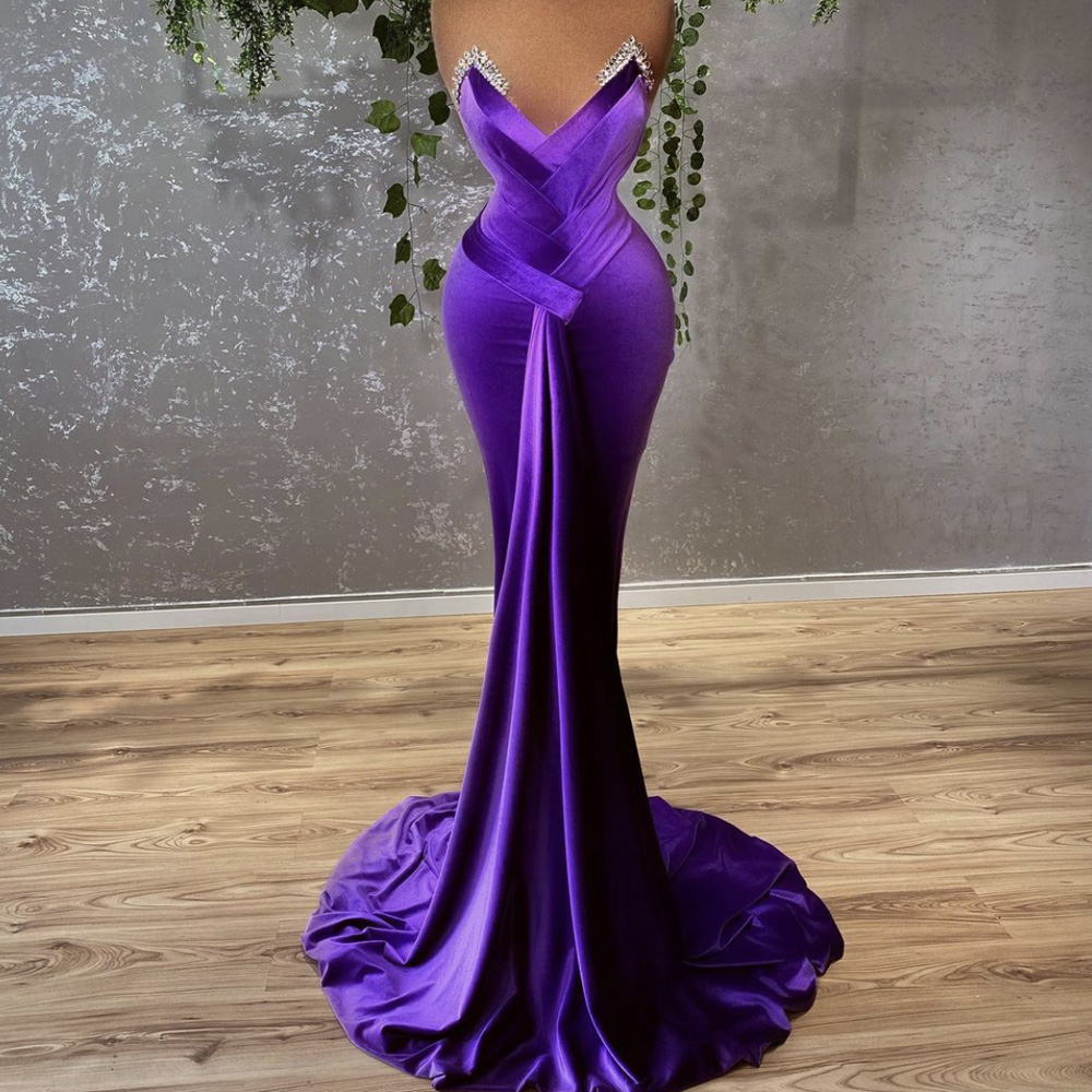 Mermaid Purple Crystal Prom Dresses Pleats Long Court Train Velvet Sexy Evening Dresses 2024