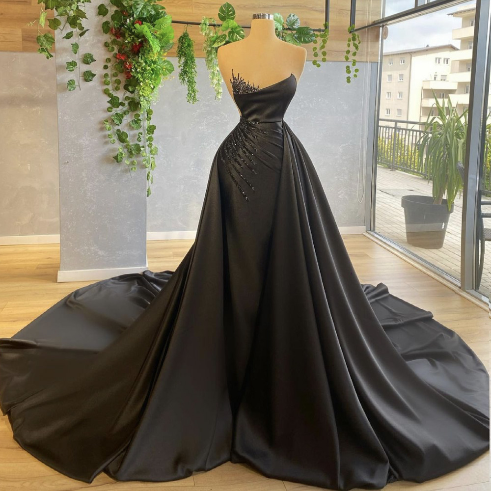 Black Detachable Train Prom Dresses For Women Pearls Beading Pleats A Line Evening Dresses Sexy Sweetheart Neck Formal Dresses