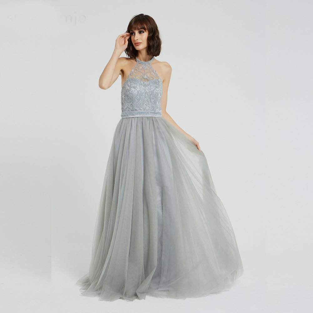 Gray Halter Neckline Prom Dresses Beading Crystal Evening Dresses Tulle A Line Long Prom Dress For Women 2024 Illusion Formal Dresses Backless