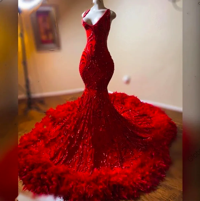 Red Sweetheart Long Prom Dress For Black Girls 2024 Sequined Birthday Party Dresses Feathers Mermaid Evening Gowns Robe De Bal