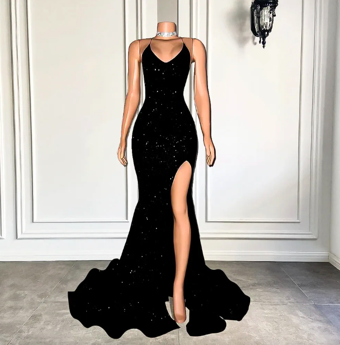 Sparkly Mermaid Style Fitted Sexy High Slit Black Sequined African Girl Backless Long Prom Dresses 2024