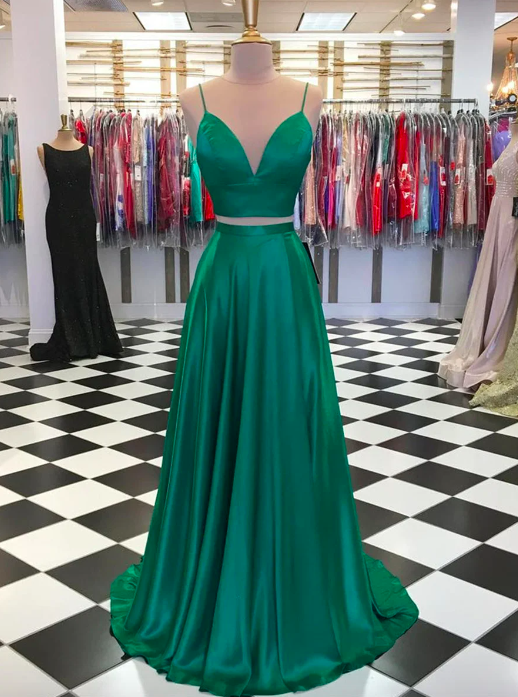 Modest Satin V Neck A Line Prom Dress Spaghetti Straps 2 Pieces Formal Party Gown Natural Waist Sweep Train Evening Dress