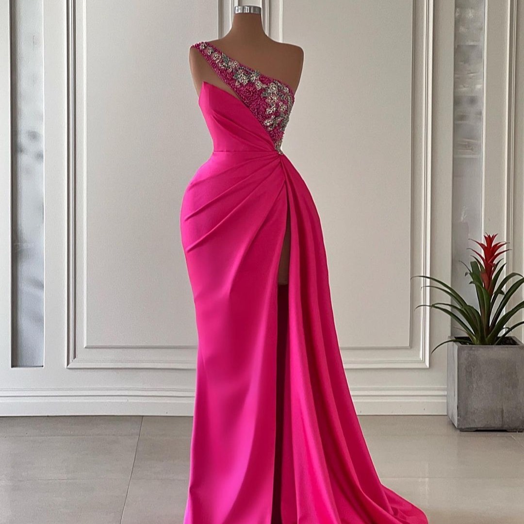 Pink One Shoulder Mermaid Pleated Satin Prom Dresses With Slit Long 2024 Lace Appliques High Split Ruched Formal Evening Dresses