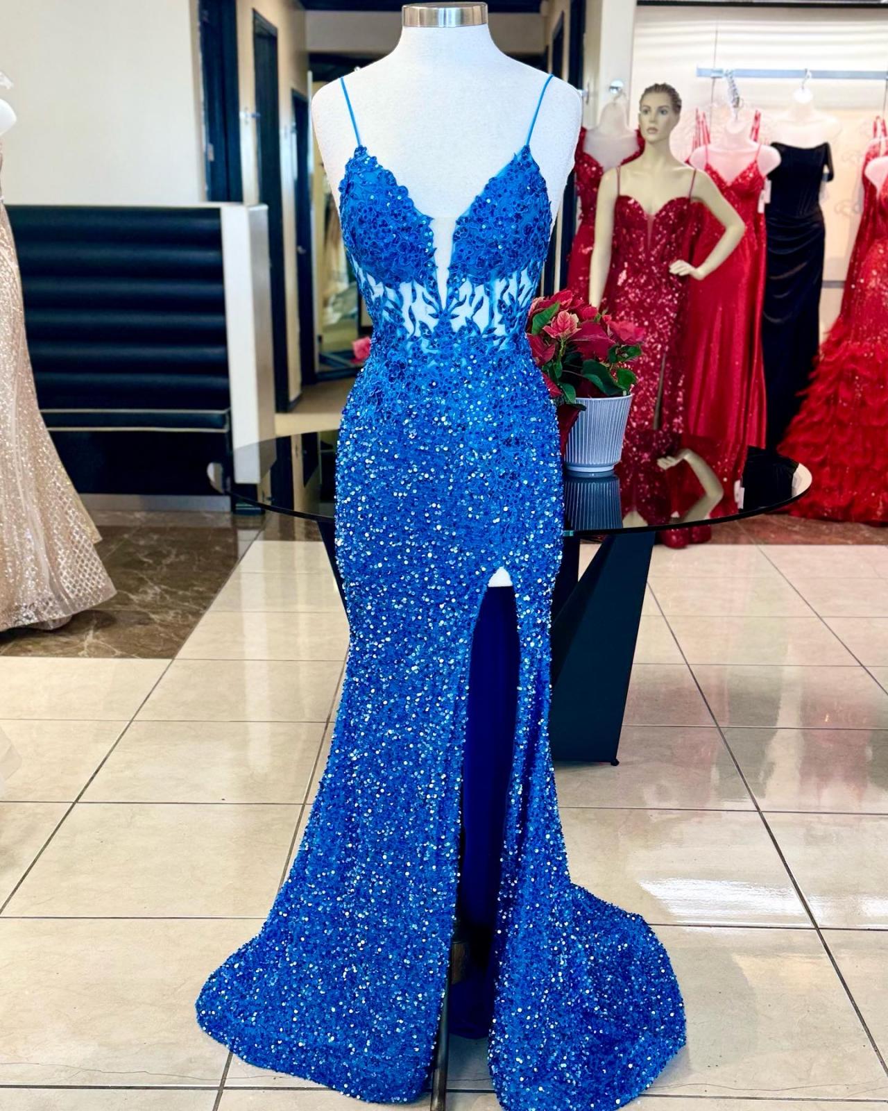 Royal Blue Spaghetti Straps Prom Dresses Illusion Lace Appliques Corset Evening Dresses Women's Mermaid Formal Evening Dress With Slit