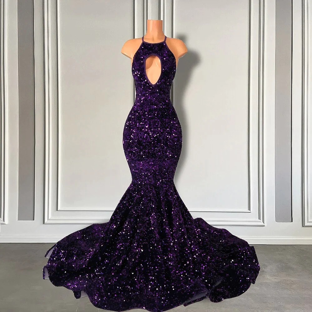 Sparkly Sequins Prom Dresses Keyhole Grape Glitter Halter Formal Evening Dresses Mermaid Women's Party Dresses Purple