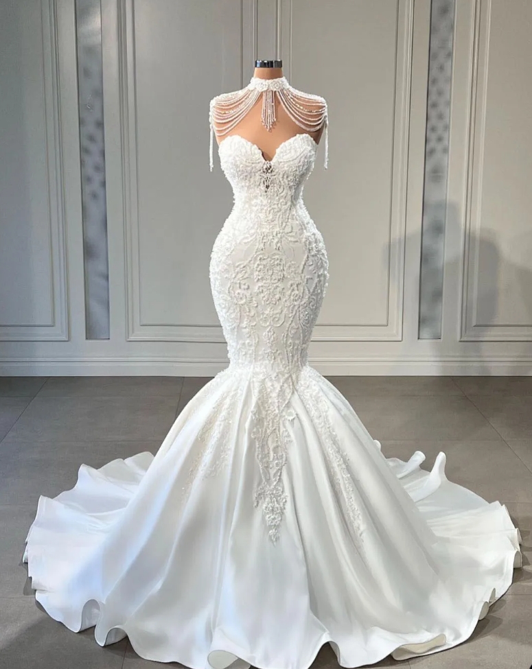 Mermaid Wedding Dress With Jacket For Bride Lace Appliques Pearls Satin Sweetheart Court Train Bridal Dresses Gowns 2024