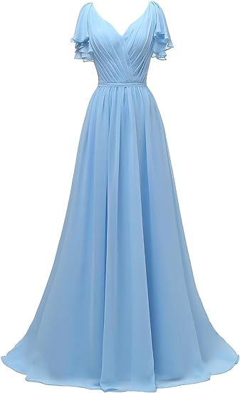 Pleated Chiffon A Line Bridesmaid Dresses Long With Slit Ruffle Sleeve V Neck Formal Wedding Guest Party Dresses Evening Gowns