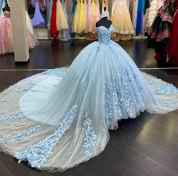 Sky Blue Tulle Quinceanera Dresses 3d Flowers Appliques Beading Ball Gown Sweet 15 Gowns Vestido De 15 Anos