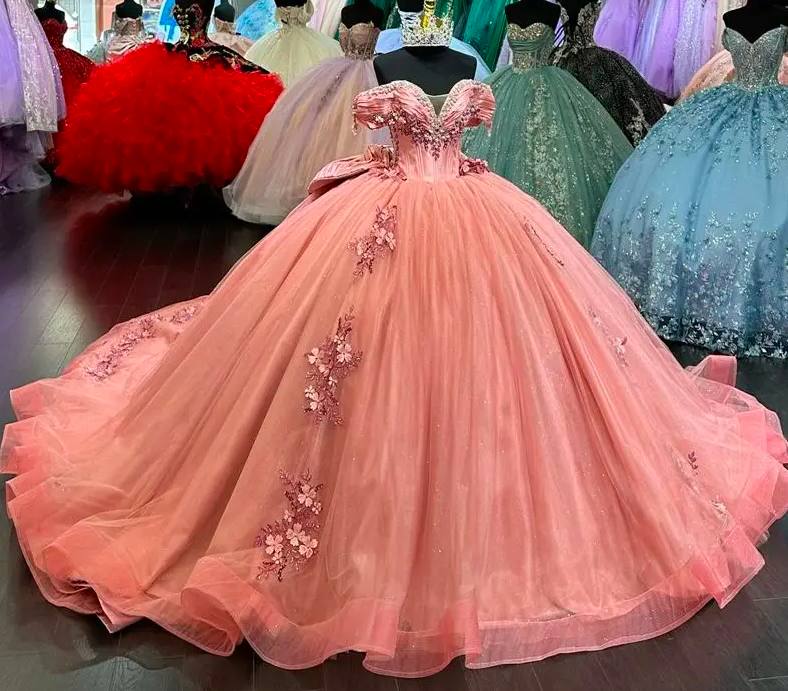 Pink Quinceanera Dress Ball Gown Hand Made Flowers Appliques Beading Ruffles Bow Sweet 16 Vestidos De 15 Años Prom Dress