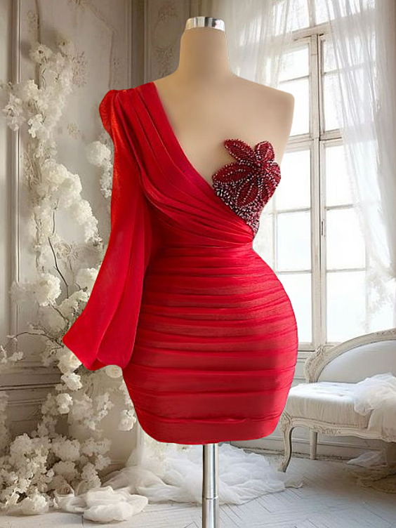 Red Satin Prom Dresses Short For Women 2025 One Shoulder Long Sleeve Beading Flowers