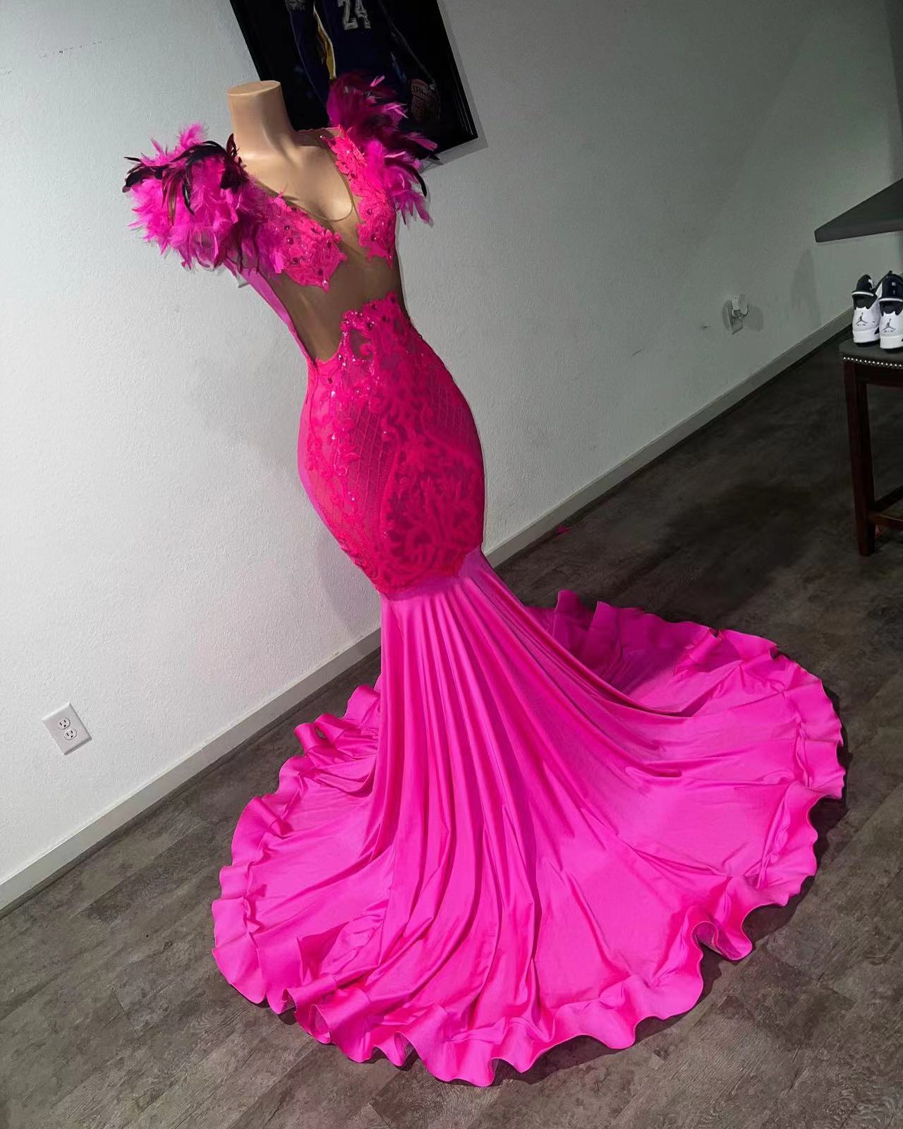 hot pink feather prom dress Feather-Top Two-Piece Long Prom Dress C141 Fuchsia / 2