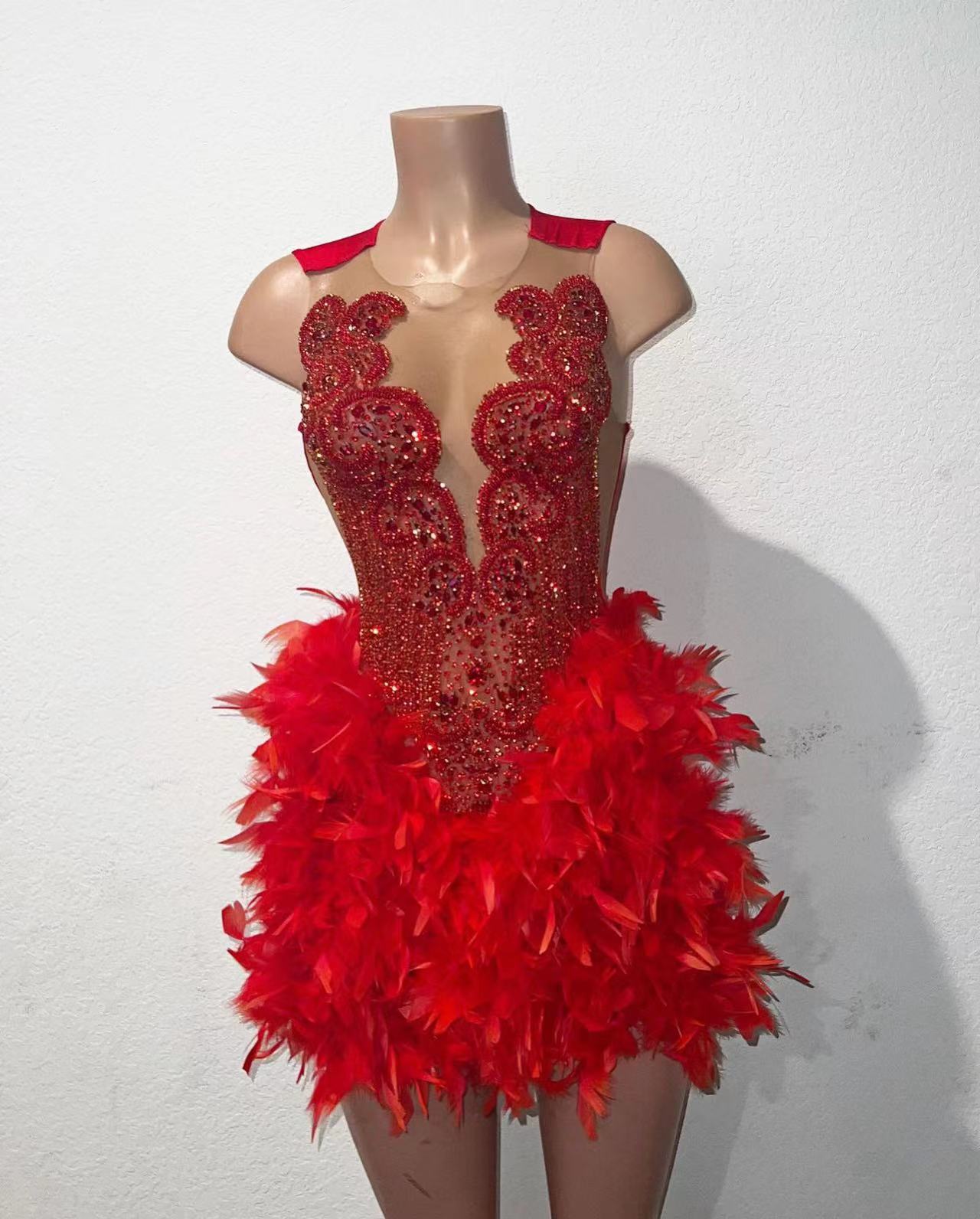 Red Short Prom Dresses Feather Crystal Graduation Dresses Feather Short Homecoming  Dresses Illusion on Luulla