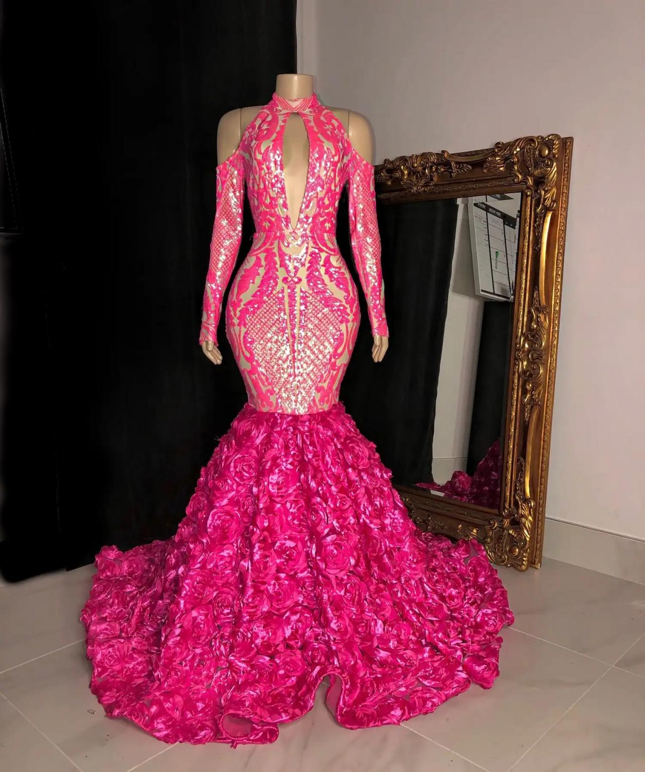 Pink Sparkly Lace Prom Dresses Long For Women 2025 Hand Made Flowers 3d Flowers Mermaid Formal Evening Dresses Off The Shoulder Party Gowns