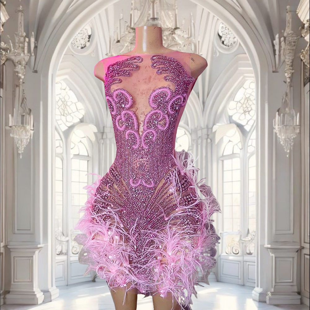 Short Prom Dresses Pink Sparkly Crystal Beaded Graduation Dresses Crew  Neckline See Througth Coc on Luulla