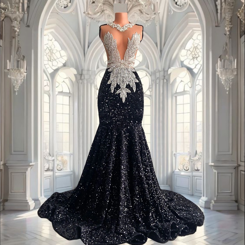 Sexy Black Mermaid Lace Beaded Prom Dresses