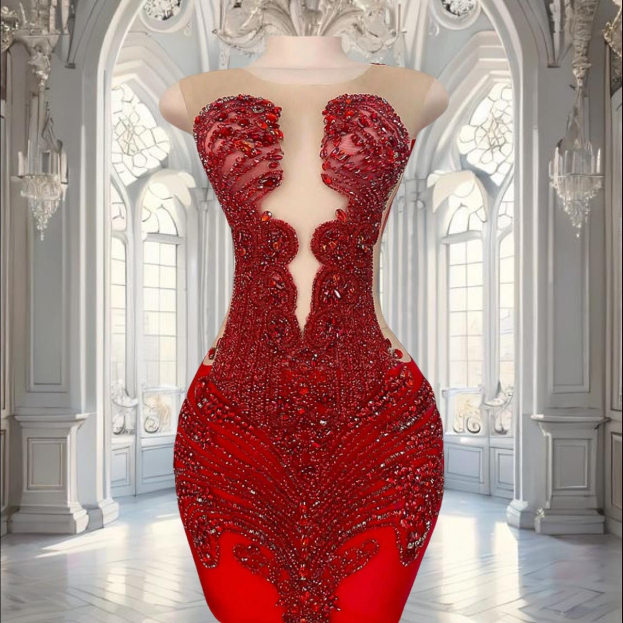 red diamond wedding dress Stunning Real Picture Sheer Mesh Women Birthday Party Gowns Luxury Handmade Red Diamond Black Girl Short Prom Dresses 2024