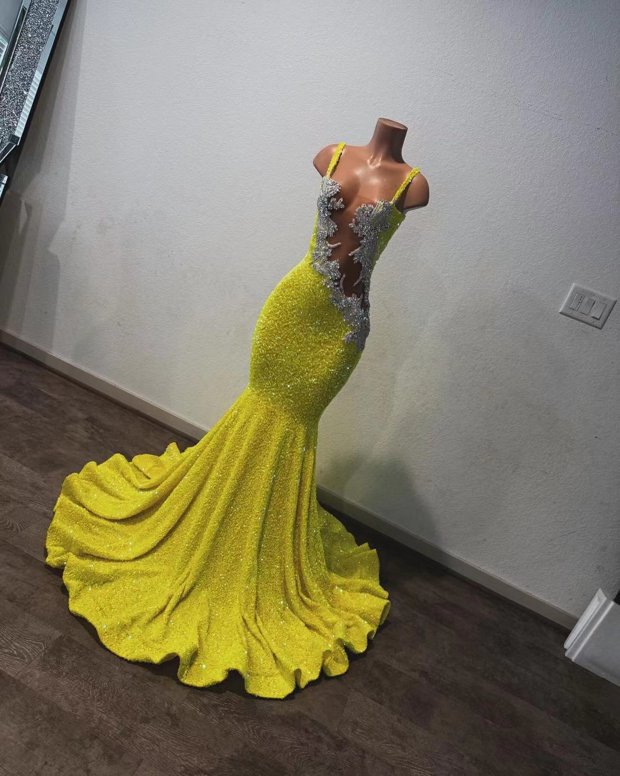 Modern Yellow Prom Dress Mermaid Split Long Evening Ball Dresses Sequins main image 1