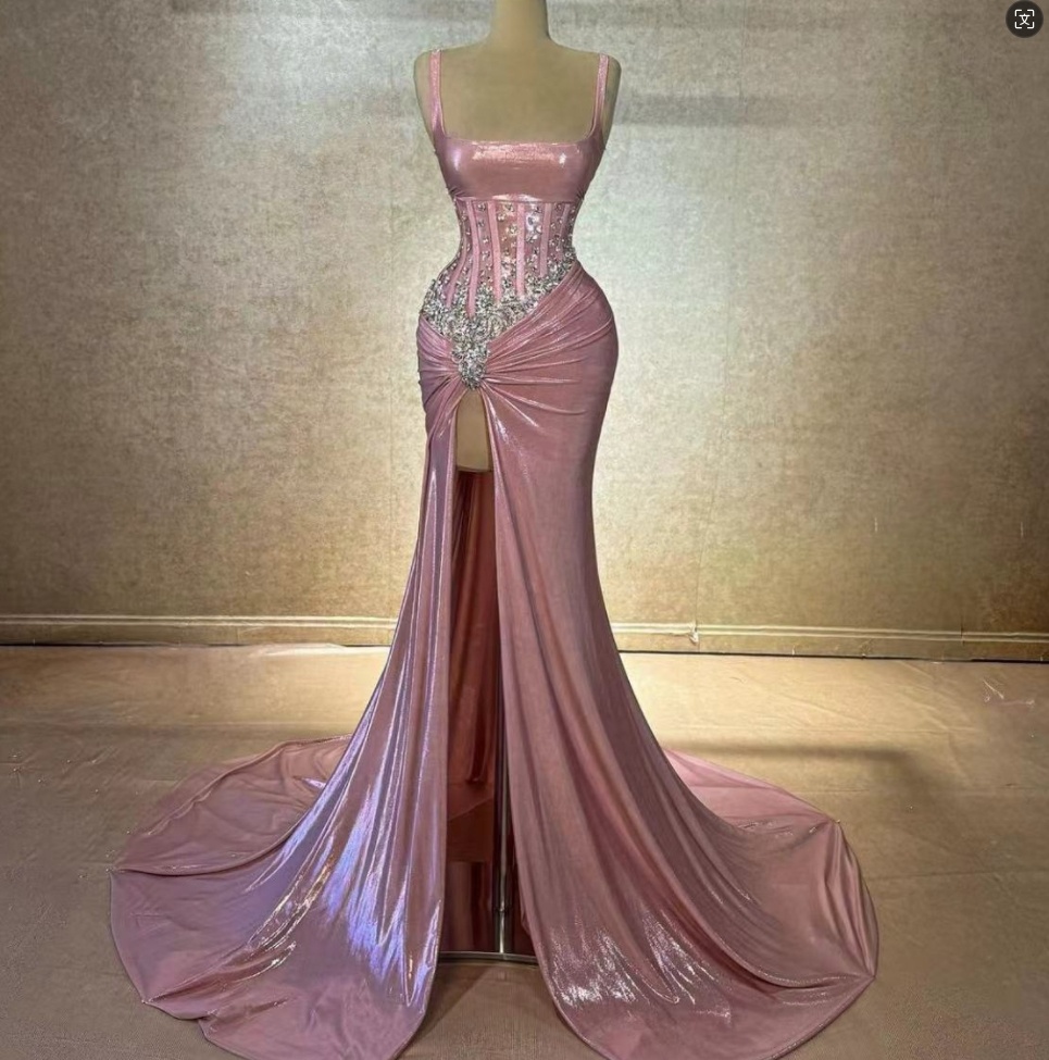 Dusty Rose Square Neckline Mermaid Prom Dresses Long for Women 2025 Beading Sequined Tight Side Slit Formal Evening Gowns Lace Appliques Corset