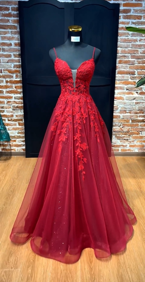 Red lace prom dress, lace applique prom dresses, spagehtti strap prom dresses