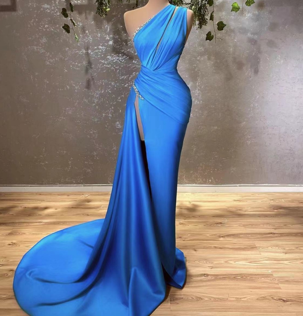 Blue One Shoulder Satin Prom Dresses Long For Women 2025 Side Slit Ruched Mermaid Formal Evening Gowns Crystal Tight Party Dresses Blue One Shoulder Satin Prom Dresses Long For Women 2025 Side Slit Ruched Mermaid Formal Evening Gowns Crystal Tight Party Dresses
