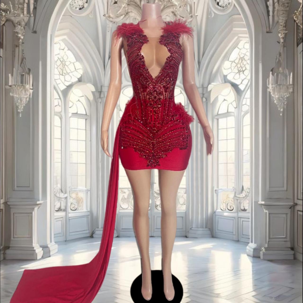 strapless open back dress Romantic Red Rose Embroidered Veil