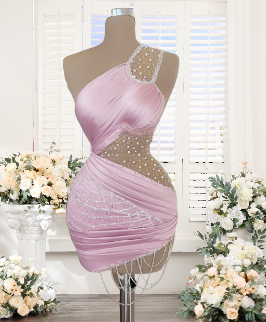 One-Shoulder Pink Flowers Pleats Homecoming Dress One-Shoulder Pink Flowers Pleats Homecoming Dress