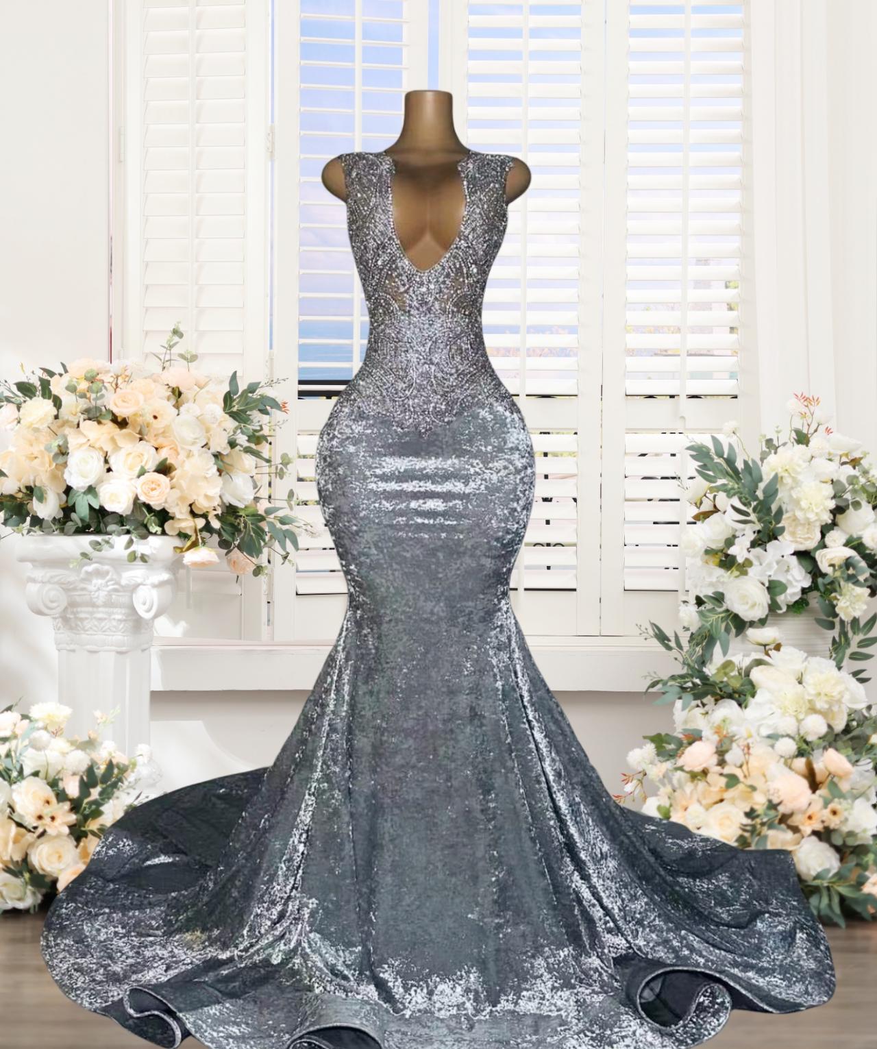green emerald velvet dress Silver Beaded Lace Prom Dresses Cap Sleeve 1920s Evening Dress 22126 Silver / US10 main image 1