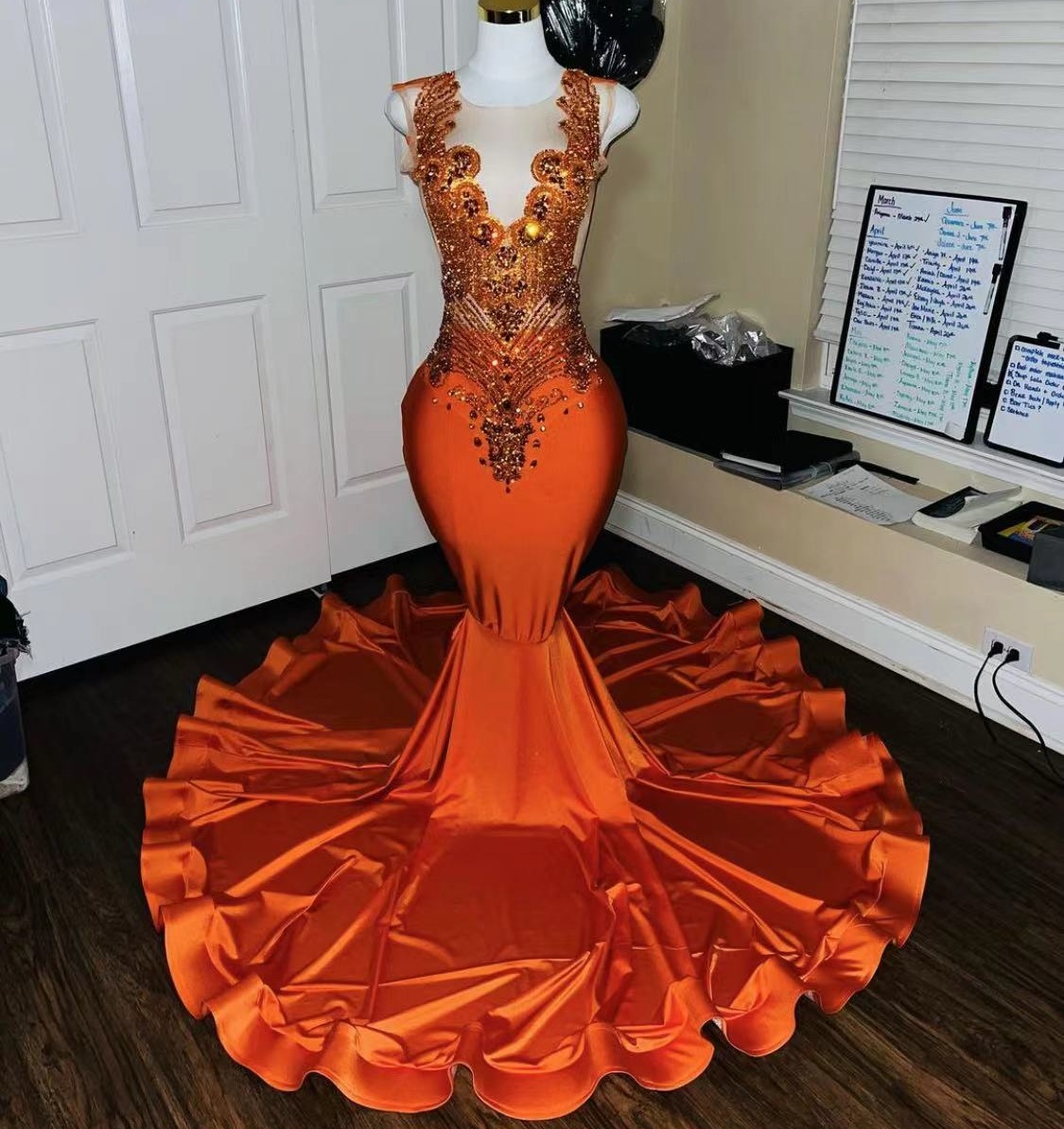 red crystal beaded prom dress Red Mermaid Prom Dress Off Shoulder Deep V Sweetheart 3D Floral Applique  Sheer Illusion Boned Corset One Long Glove Sleeve Geometric Swirl Crystal  Rhinestone Beaded Court Train main image 0