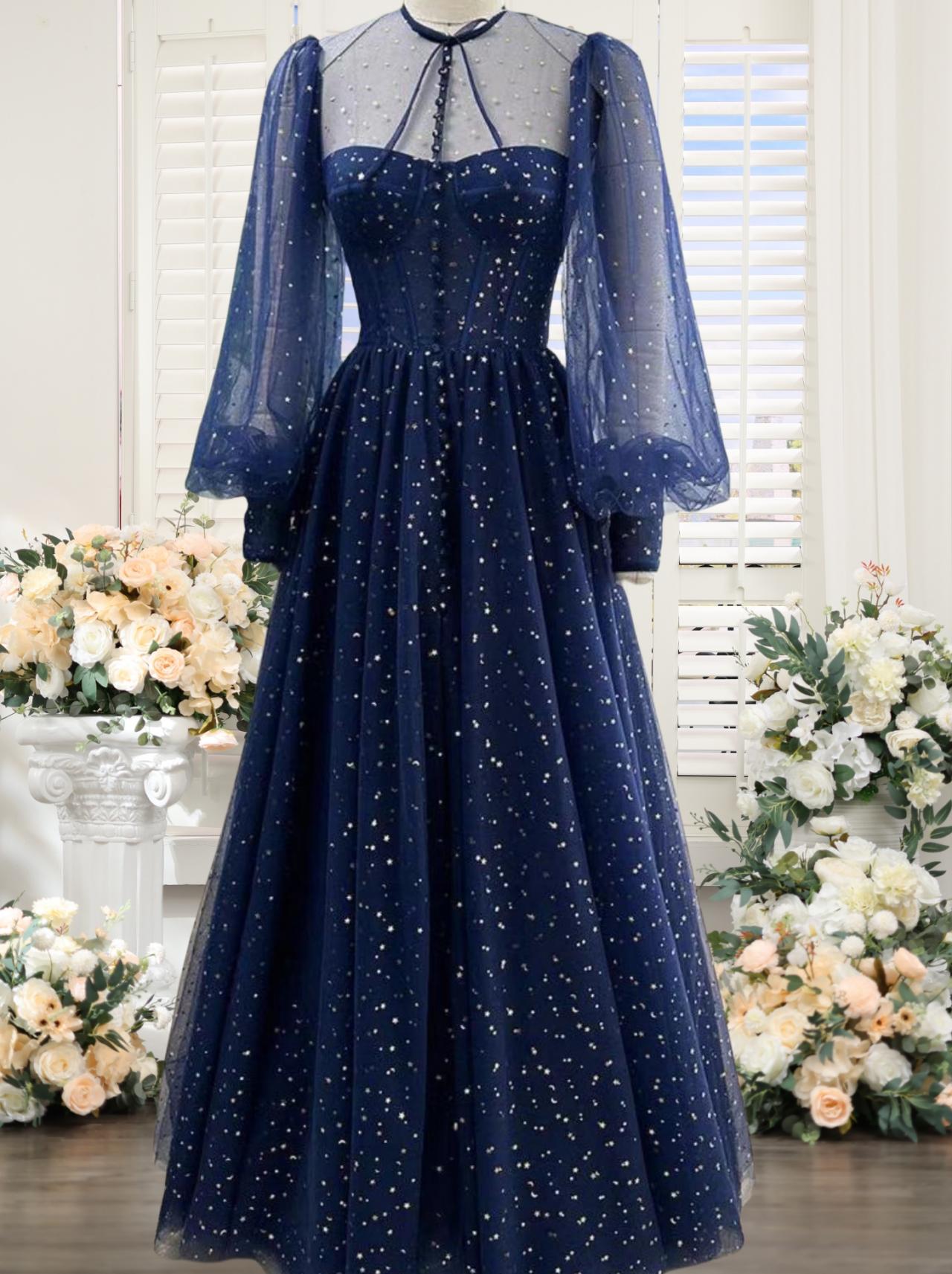 Navy Blue Long Sleeve Prom Dresses Long For Women 2025 Sparkly Sequined  High Neck Formal Evening Gow on Luulla