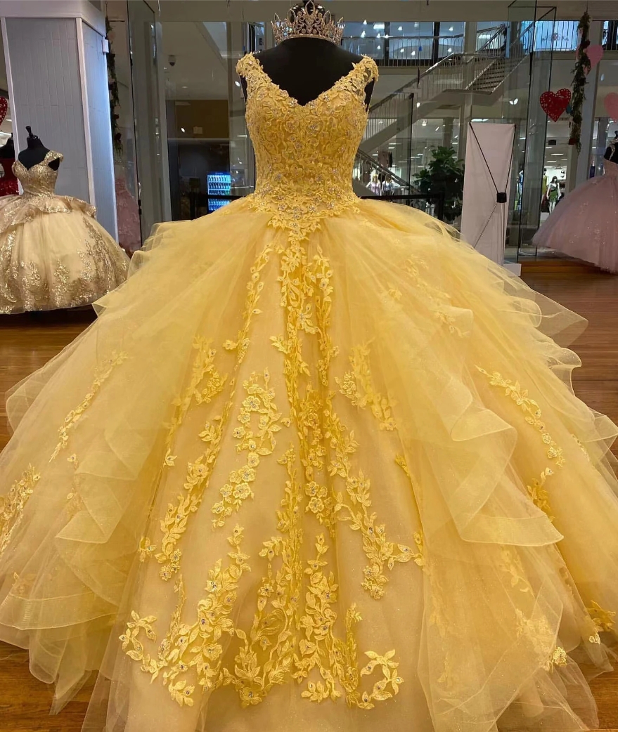yellow gold quince dress Strapless Tulle Ball Gown Yellow Sweetheart Quinceanera Dresses main image 1