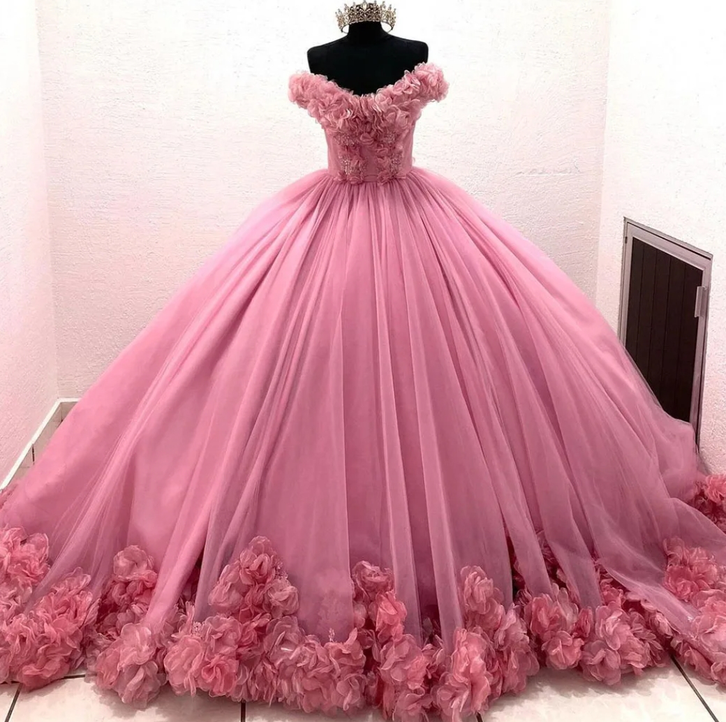 Pink Ball Gown Quinceanera Dresses 15 Party Formal 3d Flowers Lace - Main Image