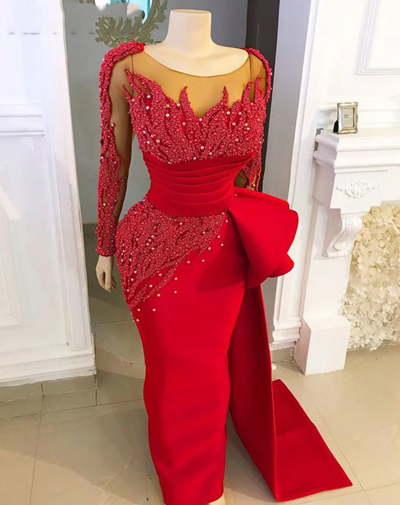 Red Satin Evening Dresses Luxury Pearls Bead Long Sleeve Mermaid Prom Dress with Ruffle Dubai Women Formal Party Gowns Plus Size