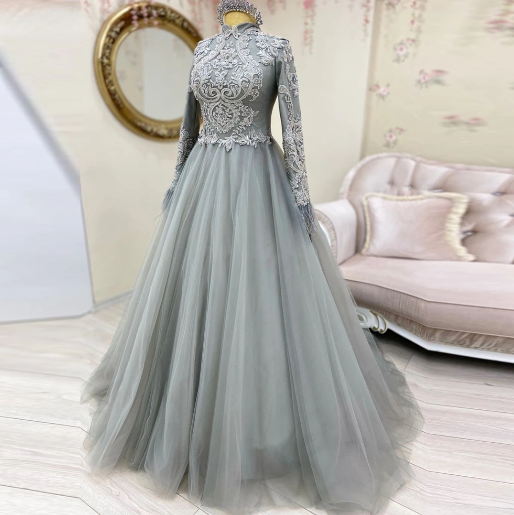 Gray Arabic Muslim Evening Dresses A-line Tulle Appliques Lace Long Sleeve  Engagement Formal Dress D on Luulla